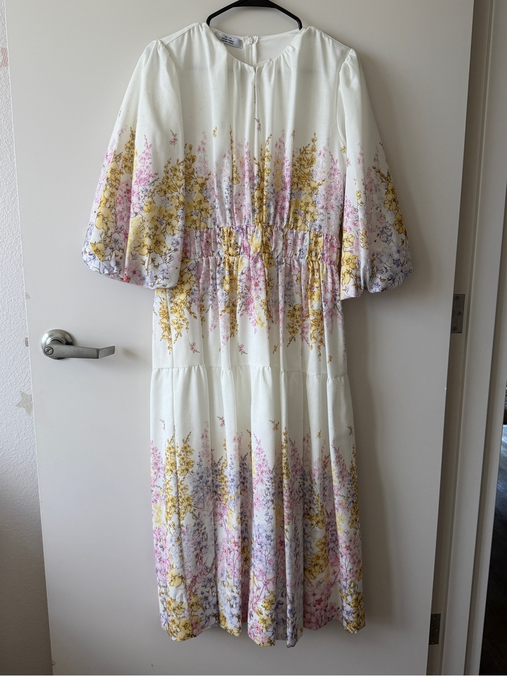 Women’s Cream Floral Midi Dress with Puff Sleeves